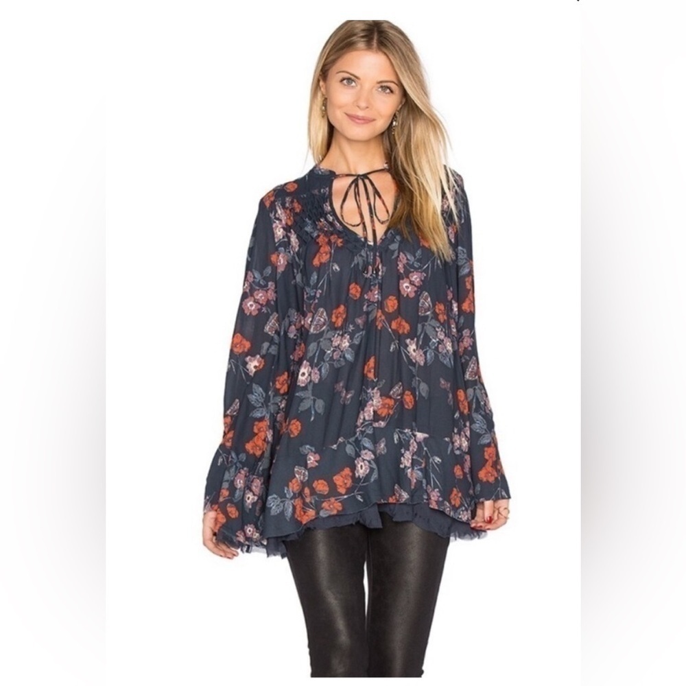 Free People Pebble Crepe So Fine Smocked Floral Tunic Blouse S